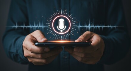 Man Holding a Smartphone with a Voice Recognition and Audio Waveform Interface.