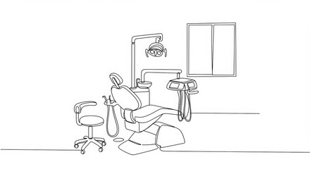 Minimalist single line dental clinic interior drawing in black and white style