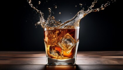 Splash of ice in a glass of whiskey