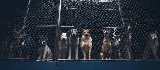 A group of dogs in cages lined up horizontally, with dim lighting and a simple background, emphasizing the dogs in the cages.