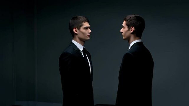 Two identical people fave to face, doppelganger concept, twin, double