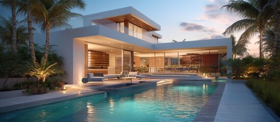 Fototapeta premium A modern-style villa with a clear swimming pool beside it. Tall palm trees and green plants surround the villa.