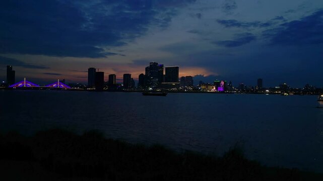 Phnom Penh khm MekongRiver skyline at night. Unique aerial view flight drone