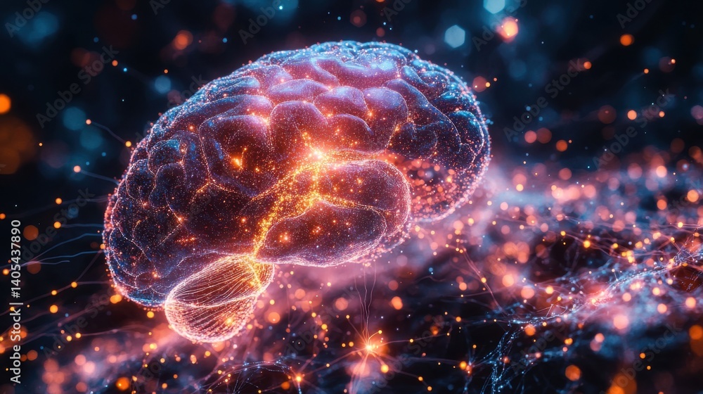 Poster colorful visualization of a brain with neural connections illuminated in a digital landscape