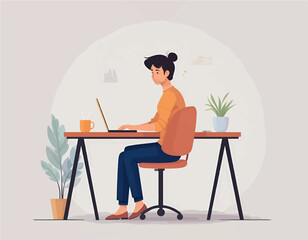 A flat-style vector of a man and woman working at a desk with a laptop in a minimalist workspace. Clean design, soft shadows, and vector-friendly colors.
