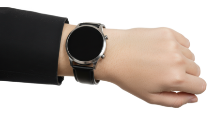 A close up of a wrist wearing a smart watch with a black band and a black jacket sleeve visible