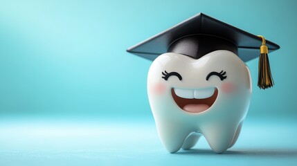 Celebrating achievement with a happy tooth wearing a graduation cap on a bright blue background