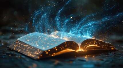 Enchanted book emanating magical light in a serene forest setting during twilight