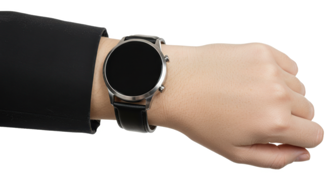 A close up of a wrist wearing a smart watch with a black band and a black jacket sleeve visible
