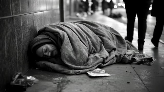 A homeless individual sleeps on the sidewalk wrapped in a blanket while city lights illuminate the surroundings at night