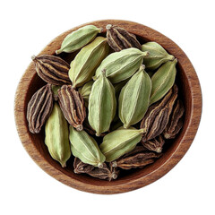 cardamom pods in wooden bowl