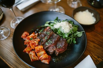 Grilled steak, kimchi, arugula, and parmesan cheese in a restaurant, culinary delight, photography