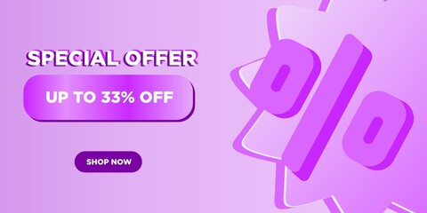33 porcento de desconto, banner roxo com sinal de porcentagem indicando produto mais barato e promoção.
