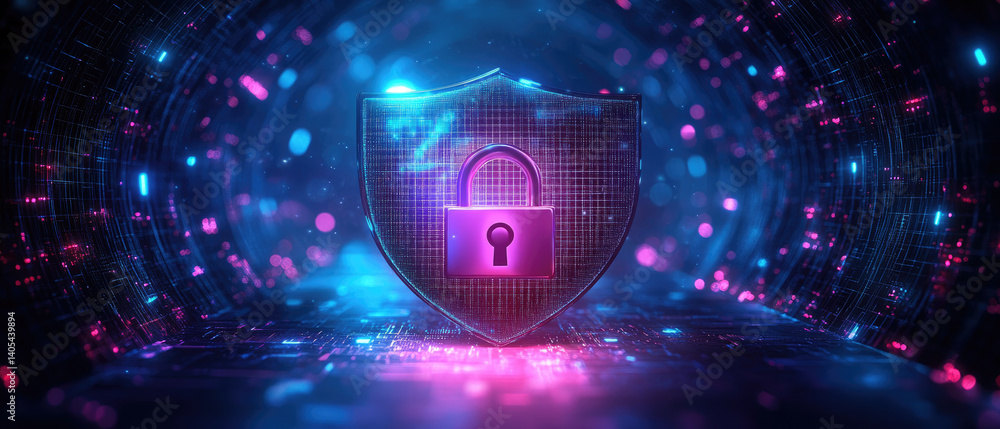 Poster secure your digital future cyber data shield with glowing grid and padlock illustration virtual envi