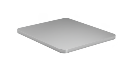A close up of a gray rectangular object with rounded corners on a black background in a studio shot