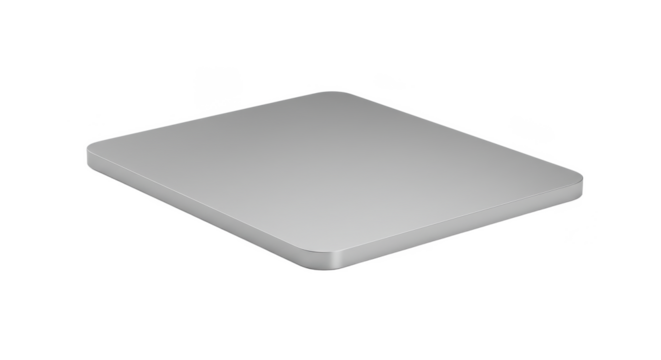 A close up of a gray rectangular object with rounded corners on a black background in a studio shot