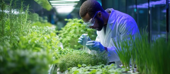 A scientist in a white lab coat, goggles, and mask meticulously handles test tubes containing young green seedlings in a plant-filled laboratory