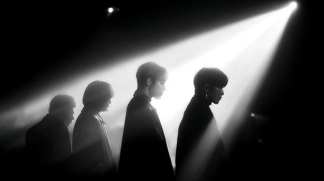a silhouette photo of 4 boys posing as K-pop idols
