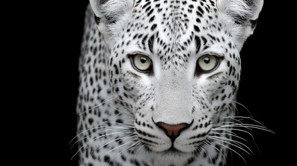 Naklejka premium Snow leopard with white fur and black spots in side profile facing left with strong contrast background showing alert expression and thick fur coat in cold environment high clarity animal photograph