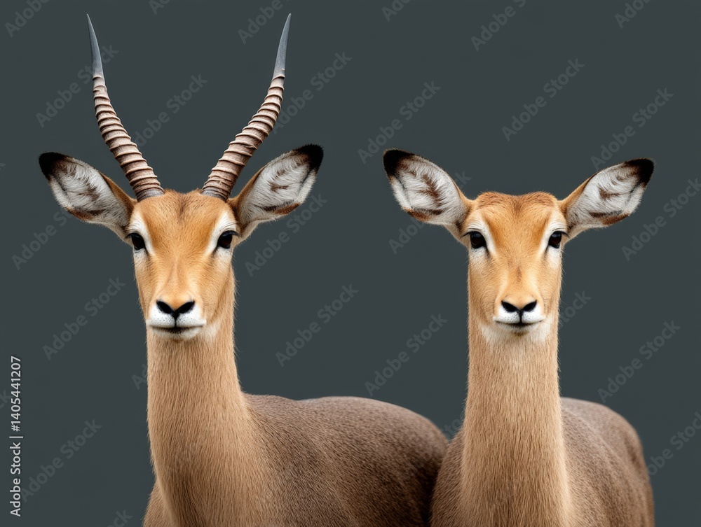 Aufkleber two antelope with slender bodies and sharp horns standing side by side in alert frontal pose facing 