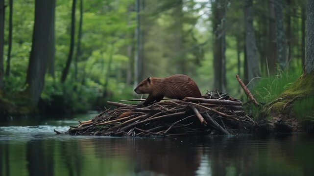 A beaver constructs a dam using sticks and branches in a tranquil river surrounded by lush trees during early morning