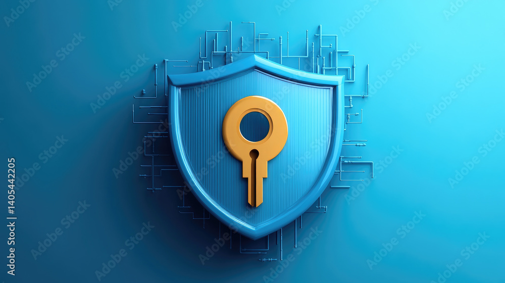Poster enhancing digital security internet safety shield covering the globe with keyhole illustration in a 