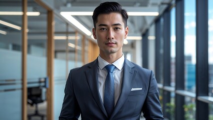 Confident Young Businessman in a Dark Suit and Blue Tie Posing in a Professional Setting with Glass Walls and Contemporary Design