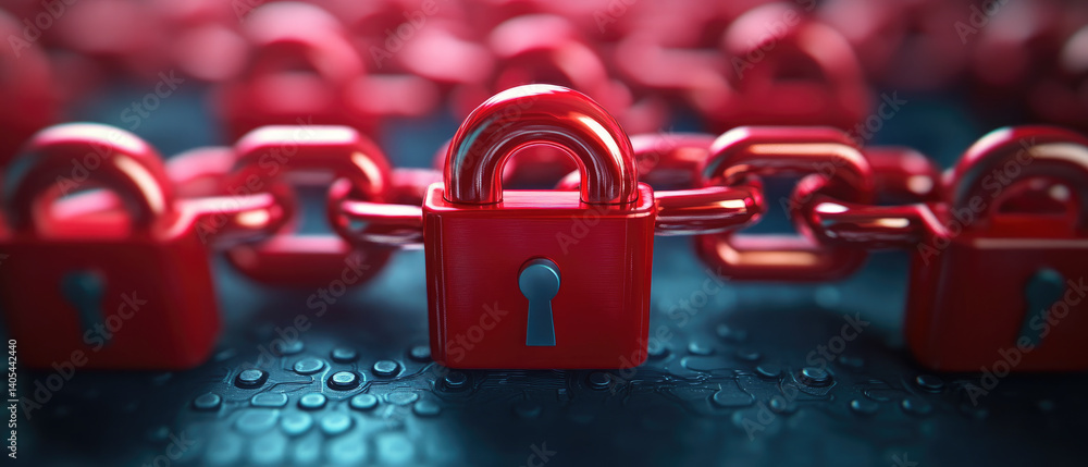 Poster enhancing network security through interlocked digital locks and nodes illustration cybersecurity co