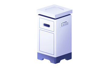 Isometric office cabinet in purple and white.  Storage unit featuring drawers and sturdy base. Clean design for modern workspace