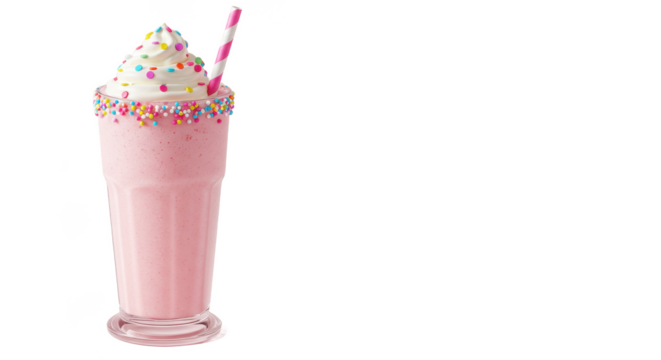 A pink milkshake with whipped cream and sprinkles with a striped straw on a black background