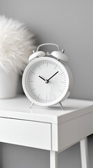 Naklejka premium White alarm clock on bedside table with decor
