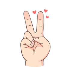 Cartoon hand making peace sign with hearts