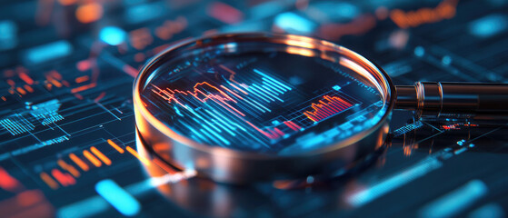 Conducting a privacy audit using magnifying holographic lens for analyzing glowing charts and securing files in a digital environment