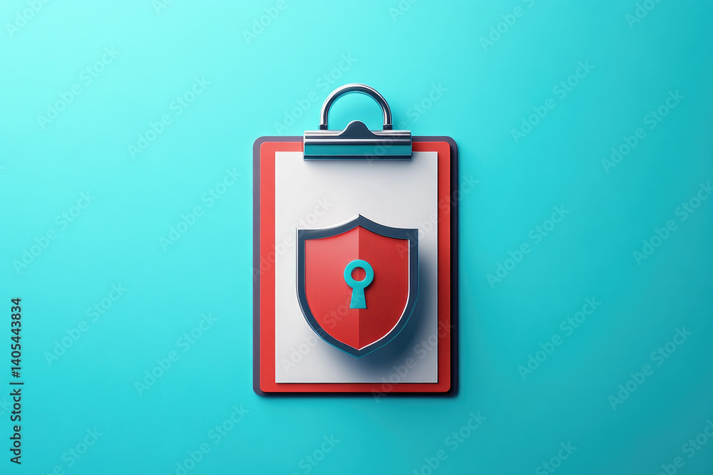 Poster establishing a secure privacy policy with clipboard shield and lock illustration for digital content