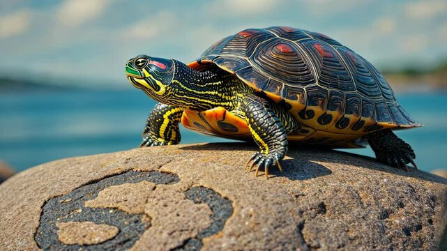 Detailed turtle with colorful patterned shell sits atop a rock overlooking ocean water on a bright, sunny day, detailed view.