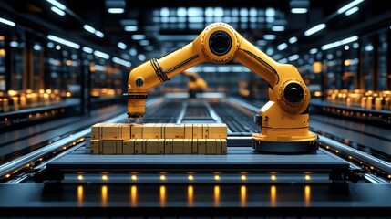 Industrial robotic arm efficiently stacking boxes in a high-tech warehouse environment