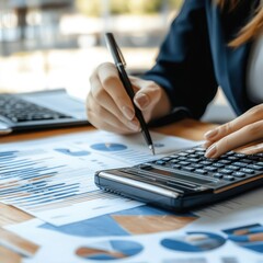 Business professional calculating finances office space photo bright environment close-up view financial management