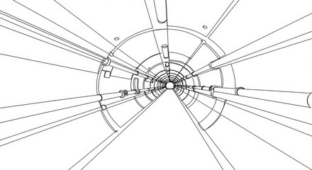 Linear depiction of an industrial tunnel, with a clean stark and minimalist aesthetic