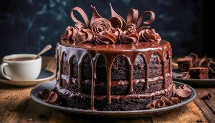 Decadent Chocolate Cake rich ganache swirls dark background