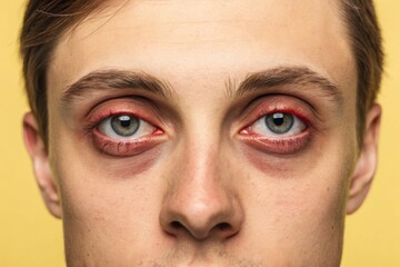 Obraz premium This close-up portrait captures a man's face with striking red eye makeup and noticeable puffiness under the eyes.