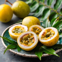 Plate of passion fruit halves and whole fruit with vibrant green leaves, highlighting the fruit's tropical essence and exotic appeal.