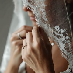 Close-up of a woman wearing a veil, her hands visible with a simple band ring. Elegant and soft, the image captures a moment of anticipation.