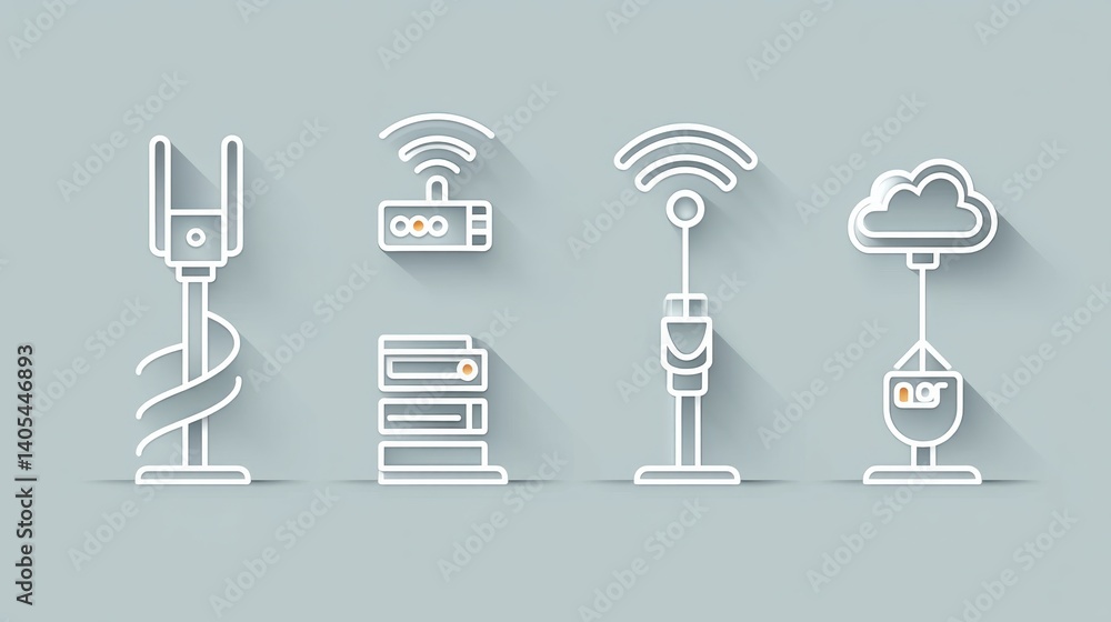Poster network icon set concept. a set of six network technology icons long title a collection of six minim