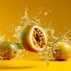 Vibrant passion fruit splash against a sunny yellow backdrop, showcasing a refreshing and juicy tropical fruit experience. Nature's vibrant delight.