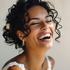 Radiant joy: A woman's infectious laughter illuminates the frame, her happiness captured in a single, unforgettable moment.