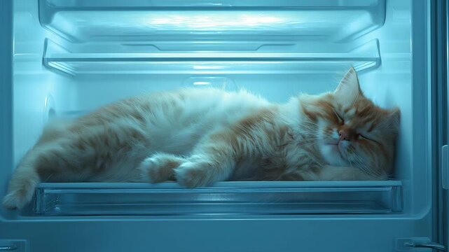 A cat is peacefully sleeping on a shelf inside an open refrigerator, enjoying the cool temperature on a warm afternoon