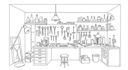 Obraz premium Intricate line art illustration of a steampunk inventor's workshop interior scene
