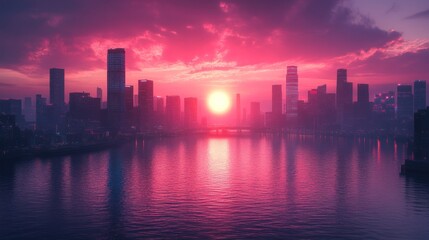 Fototapeta premium Pink Cityscape Sunset: Stunning urban panorama at twilight, reflecting vibrant colors on calm waters. Skyscrapers silhouette against fiery sky.