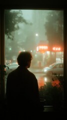 Caucasian figure stands silhouetted, observing vibrant lights over rooftops through a rain-soaked window at night
