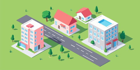 Isometric Cityscape with Buildings and Trees